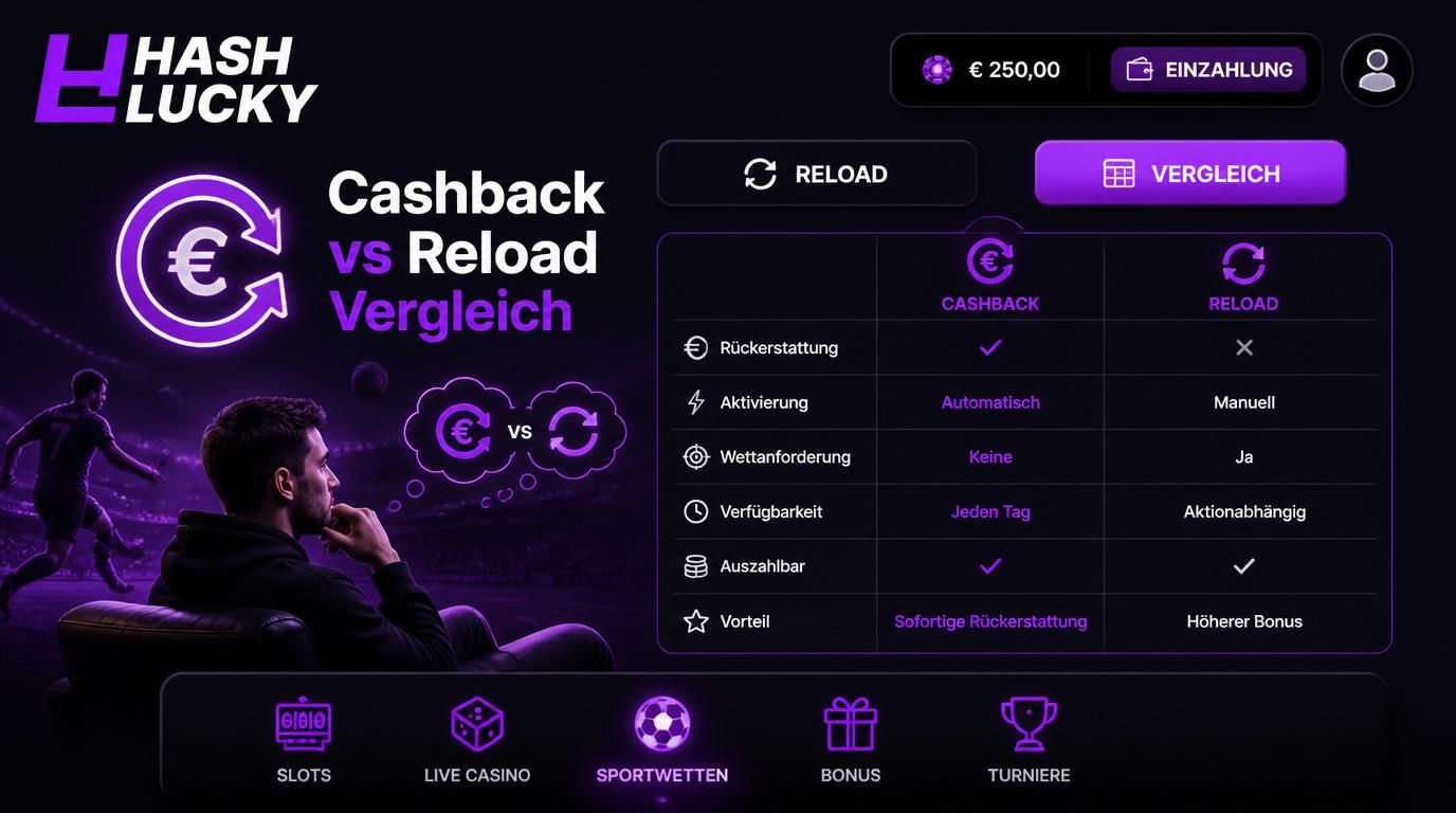 Bild zeigt den Vergleich zwischen Cashback und Reload-Boni im Wettkontext.