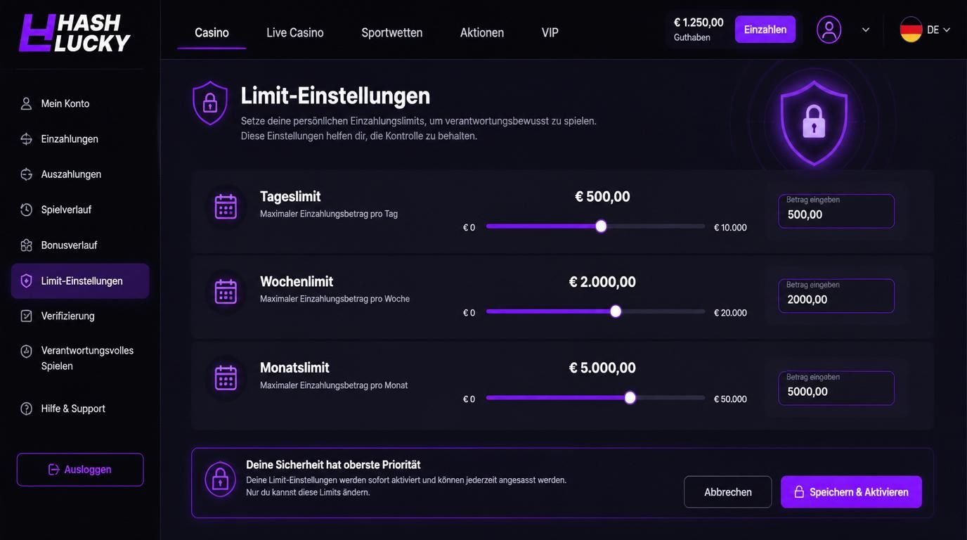 Benutzer stellt Einzahlungsgrenzen ein mit Sicherheitsmerkmalen und Auswahl von verschiedenen Zeiträumen.