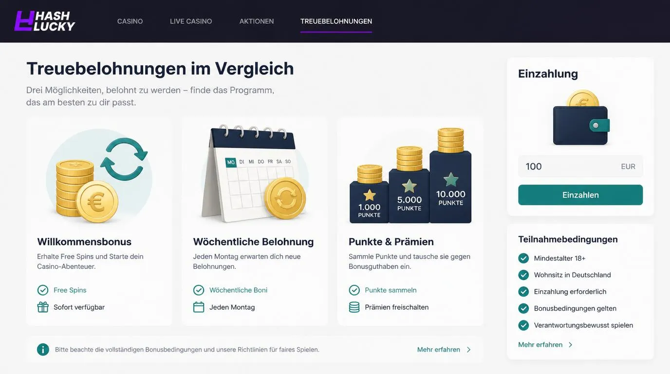 Drei Bonuskarten mit Willkommensangebot, wöchentlichem Cashback und punktebasierten Wochenprämien