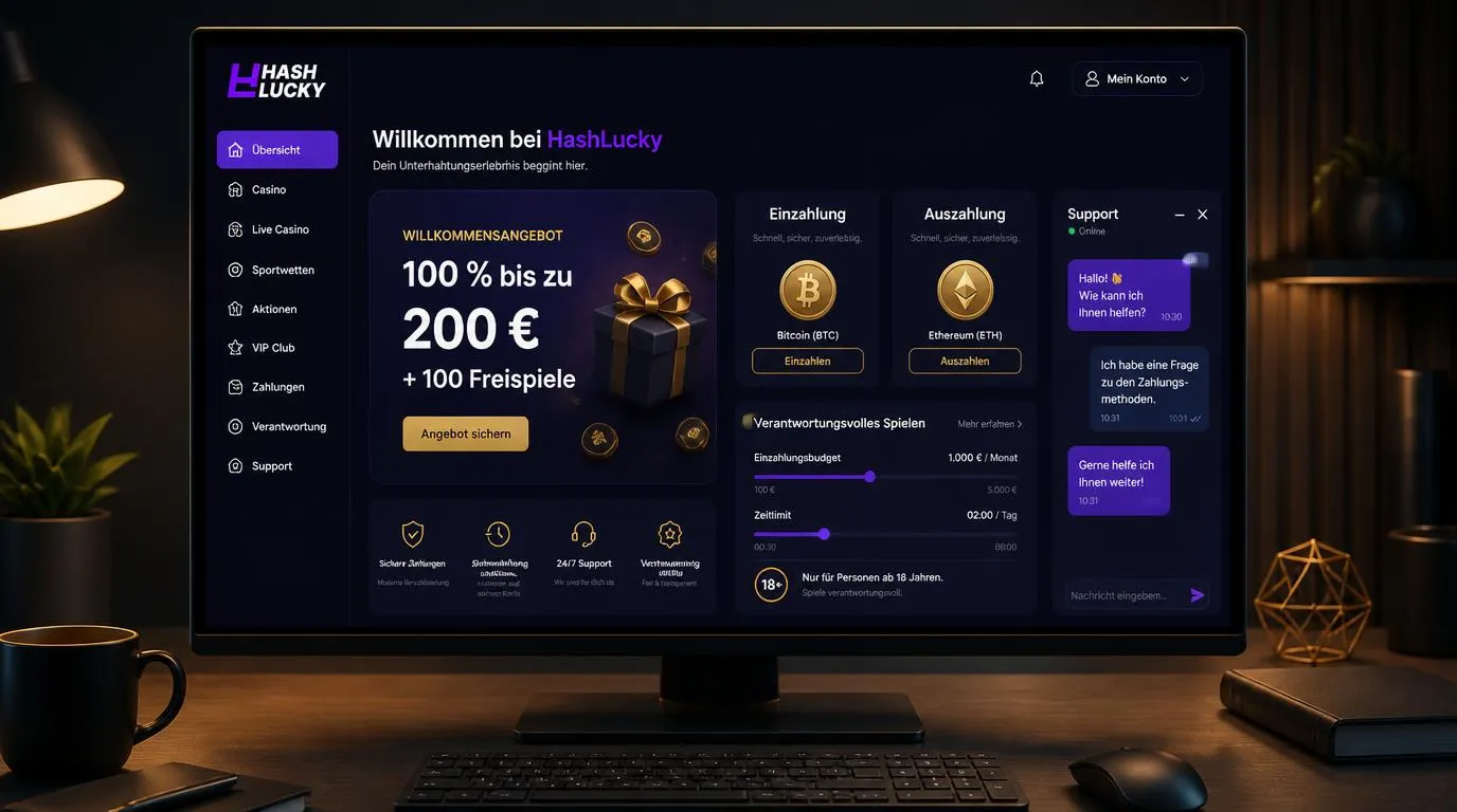 Casino-Oberfläche mit Willkommensbonus, Krypto-Zahlungsoptionen und sichtbaren Budget- und Zeitlimits