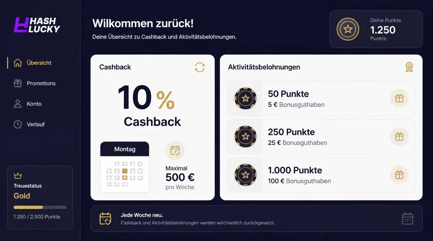 Bonusübersicht mit 10 % Cashback am Montag, 500 € Wochenlimit und drei Prämienstufen für Aktivitätspunkte