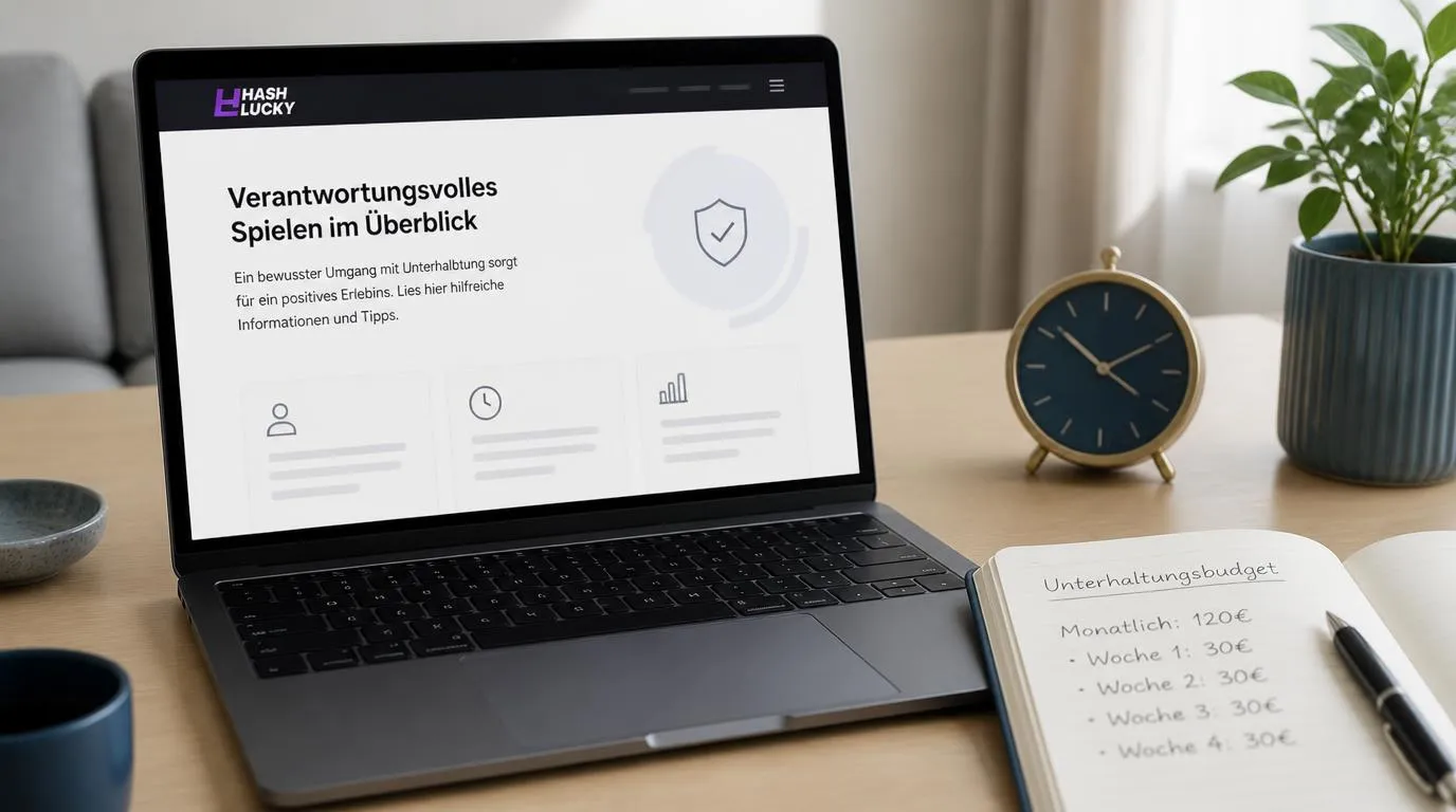 Schlichte Website auf einem Laptop neben einer Uhr und einem Notizbuch für das persönliche Unterhaltungsbudget