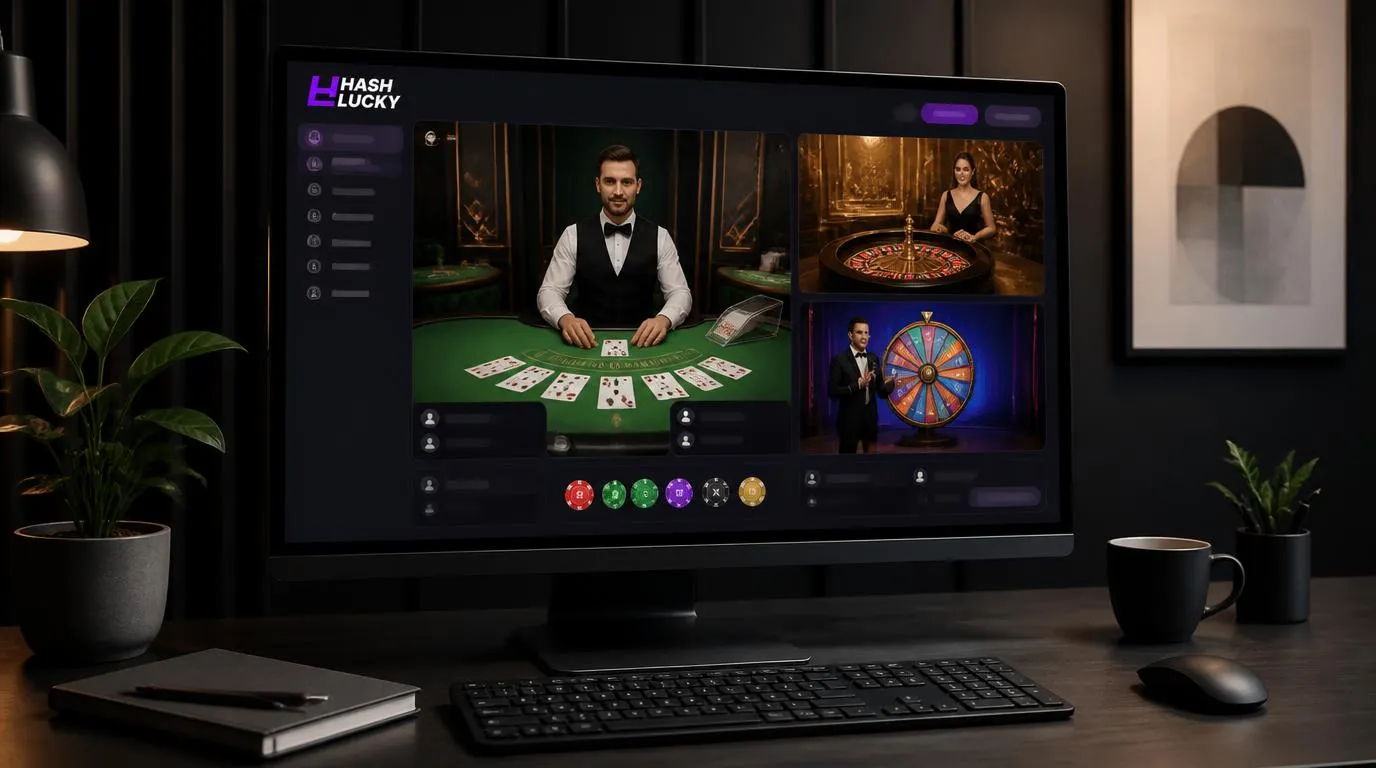 Live-Casino-Lobby mit Blackjack-Tisch, Roulettekessel und moderierter Gameshow auf einem Bildschirm